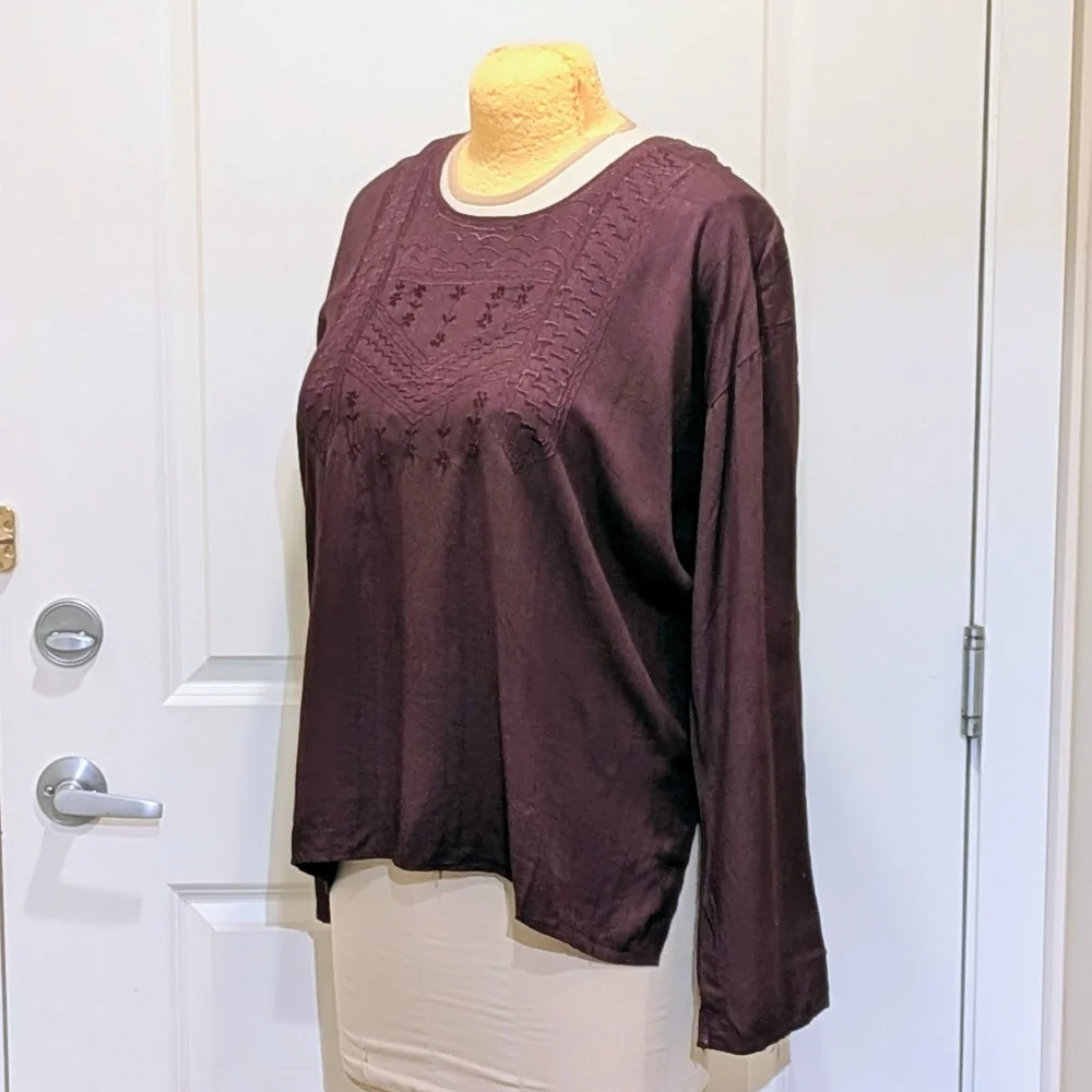 NWOT Beckwoman XL Oxblood Embroidered Double Button Collar Boho Tunic Blouse - Picture 4 of 8